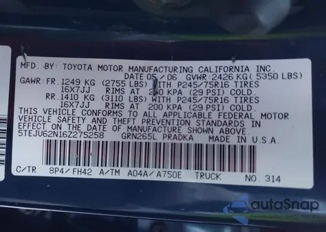 2006 Toyota Tacoma Prerunner V6 from USA, damaged, VIN 5TEJU62N16Z275258